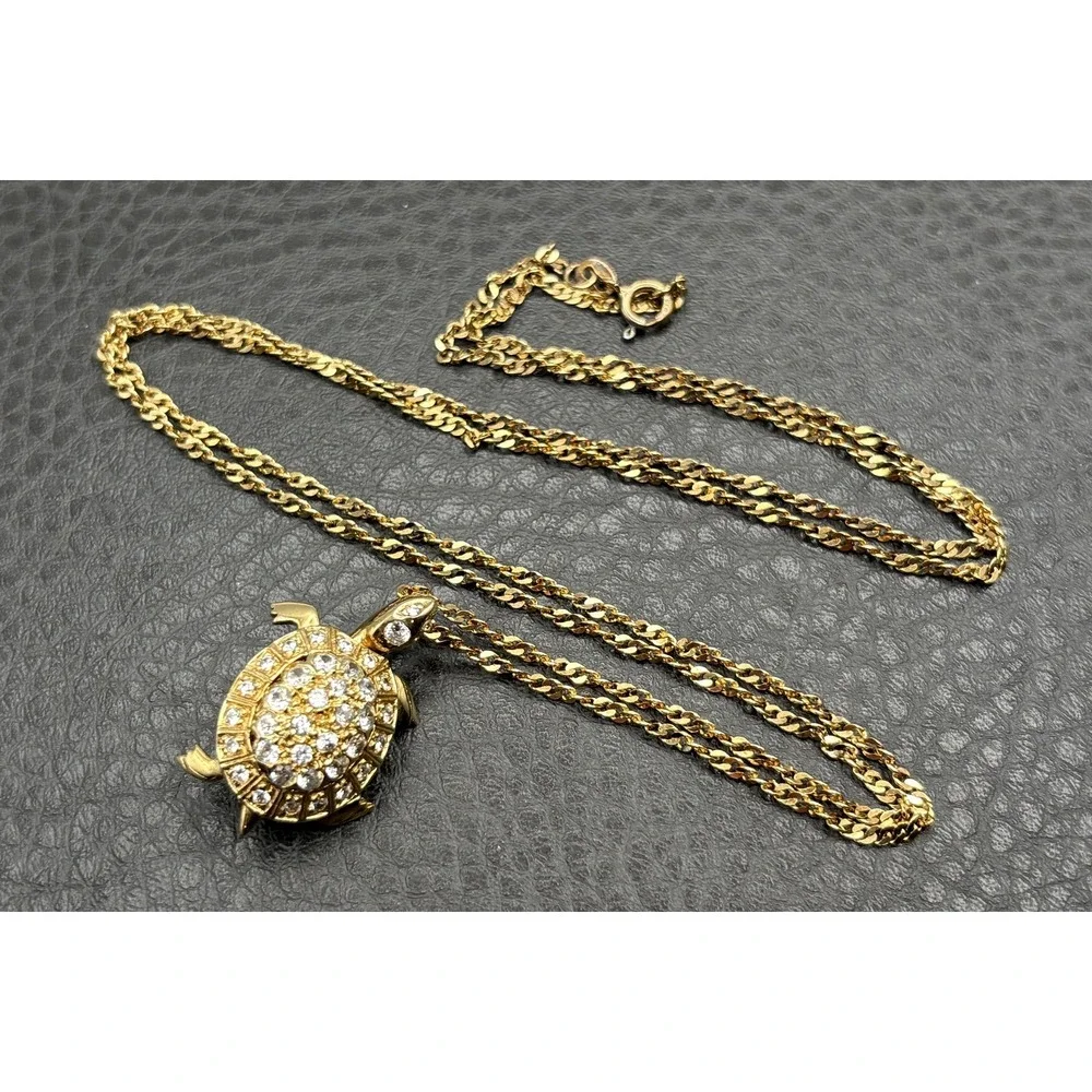 Vermeil Sterling Silver Moving Turtle Rhinestone Pendant Necklace 30